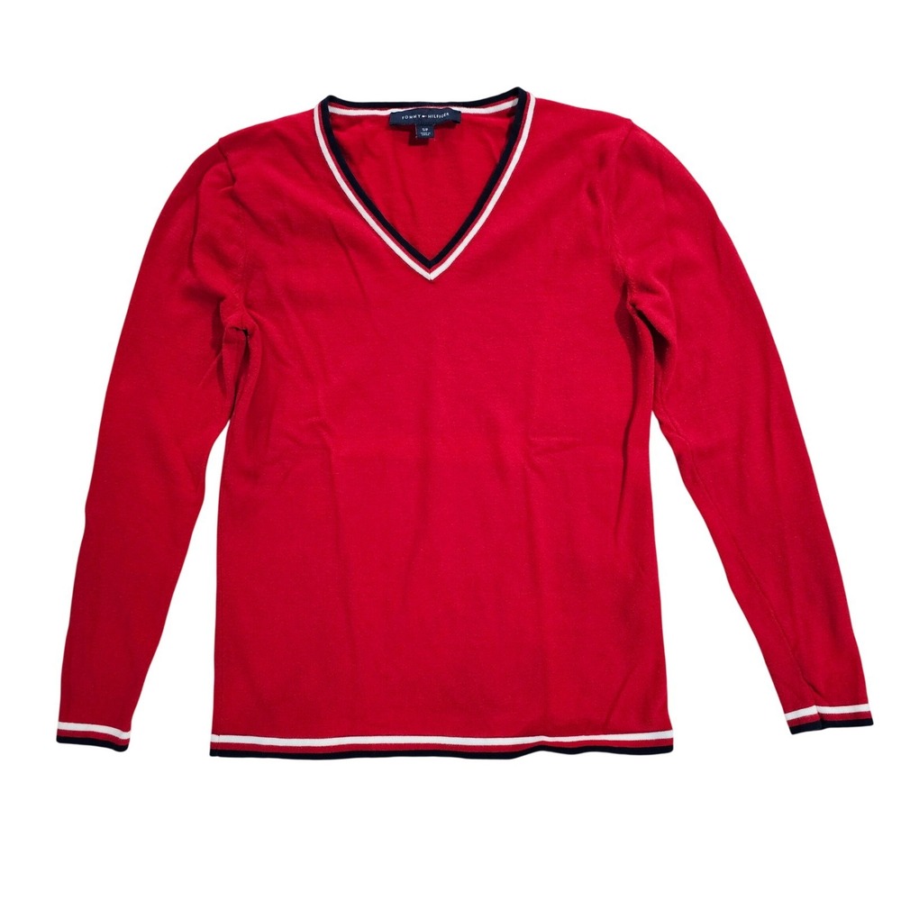 Tommy Hilfiger Women S Red‎ V-Neck Long Sleeve Cotton Preppy Sporty Sweater